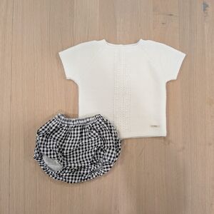 Elegant White Knit Baby Top and Black Checkered Diaper Cover